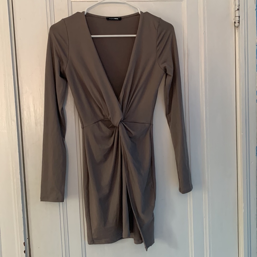 Fashion Nova Front Knot Taupe Mini Dress